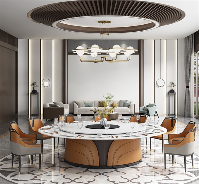 飯店新中式時(shí)尚帶轉(zhuǎn)盤餐桌電動(dòng)大圓桌