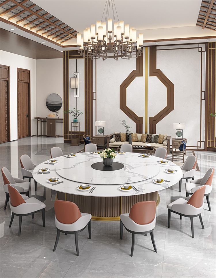 會(huì)所別墅包廂自動(dòng)轉(zhuǎn)盤(pán)巖板高檔電動(dòng)餐桌大圓桌