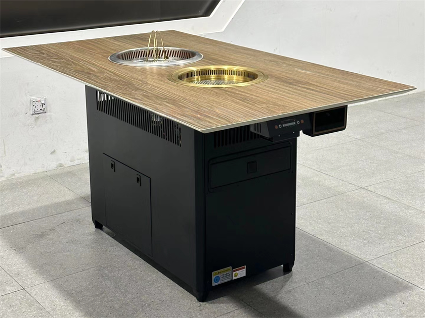 日式烤肉店仿木紋巖板無煙火鍋烤肉一體桌