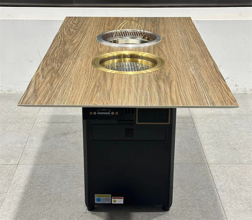 日式烤肉店仿木紋巖板無煙火鍋烤肉一體桌