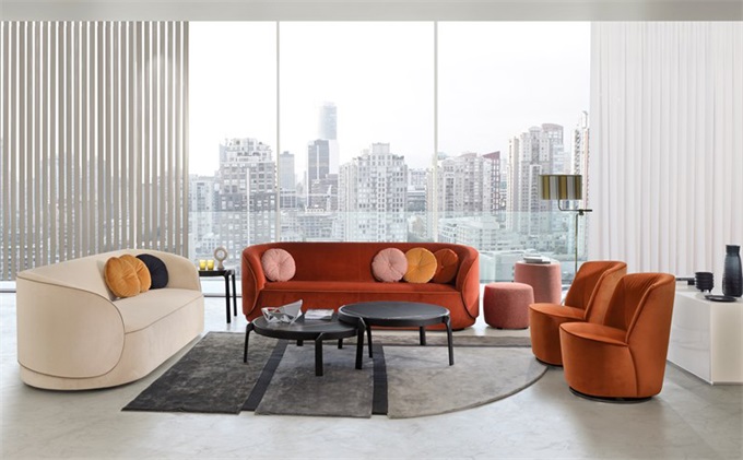 會所后現代意式不銹鋼弧形扶手三人位沙發