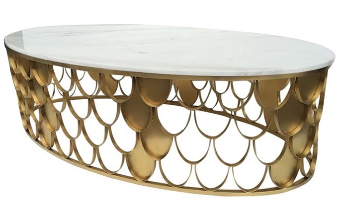 商務ktv后現代鍍金色不銹鋼橢圓魚鱗茶幾