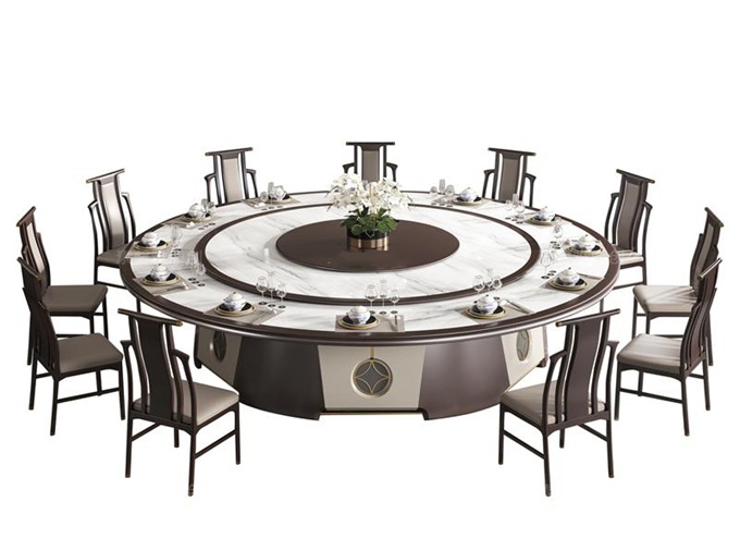 酒樓包廂新中式12人位帶轉(zhuǎn)盤旋轉(zhuǎn)電動餐桌
