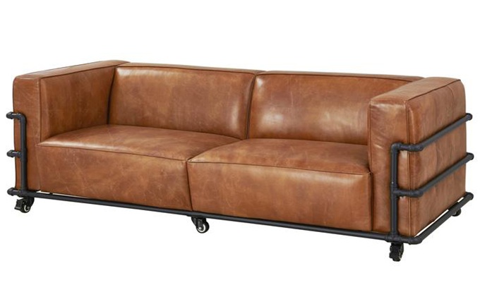 工業(yè)風(fēng)鐵藝帶輪子皮革卡座沙發(fā)